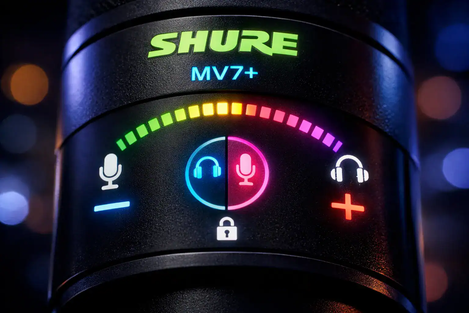 Detalhe Tecnológico do Painel LED do Shure MV7+