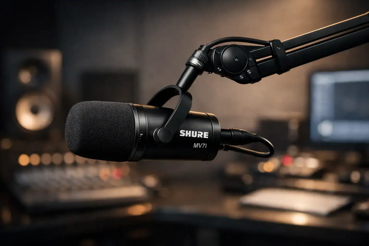 Shure MV7i em um braço articulado